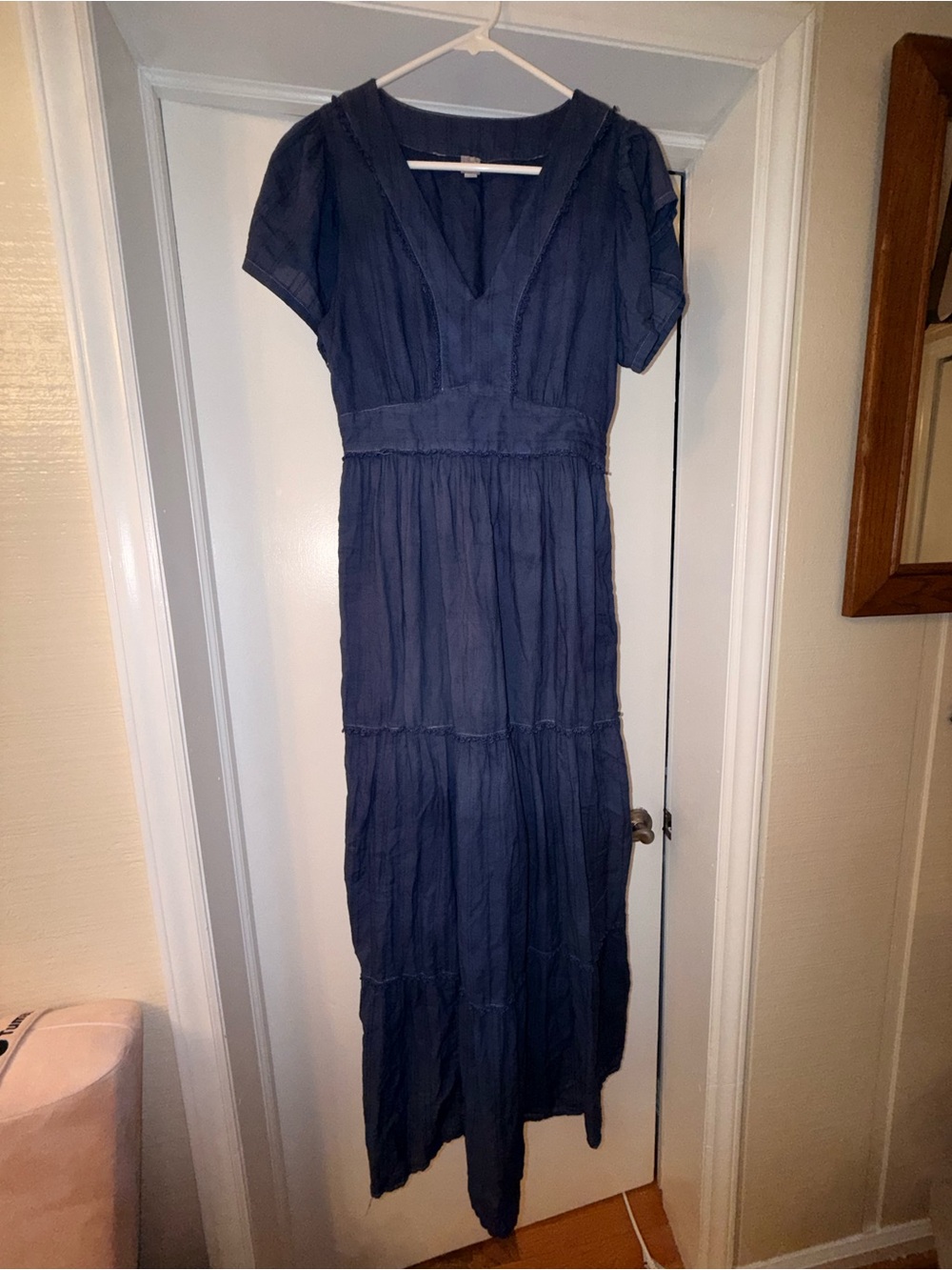 LOFT Navy Short Sleeve V-Neck Tiered Maxi Dress